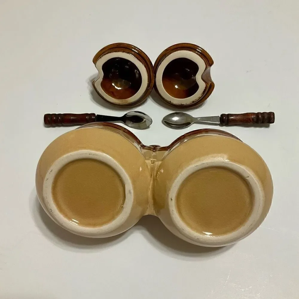 Vintage Double Condiment Jars with Lids and Spoons